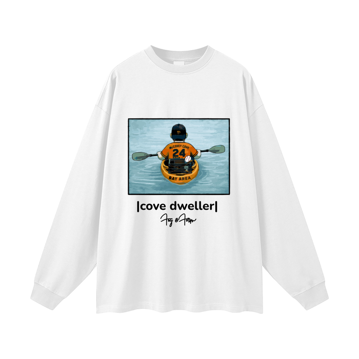 Fog & Form Cove Dweller Long Sleeve, a white oversized long sleeve tee with a graphic inspired by McCovey Cove kayakers chasing home run balls.