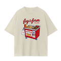 A beige crew short sleeve t-shirt with a graphic print of a hot dog cart.