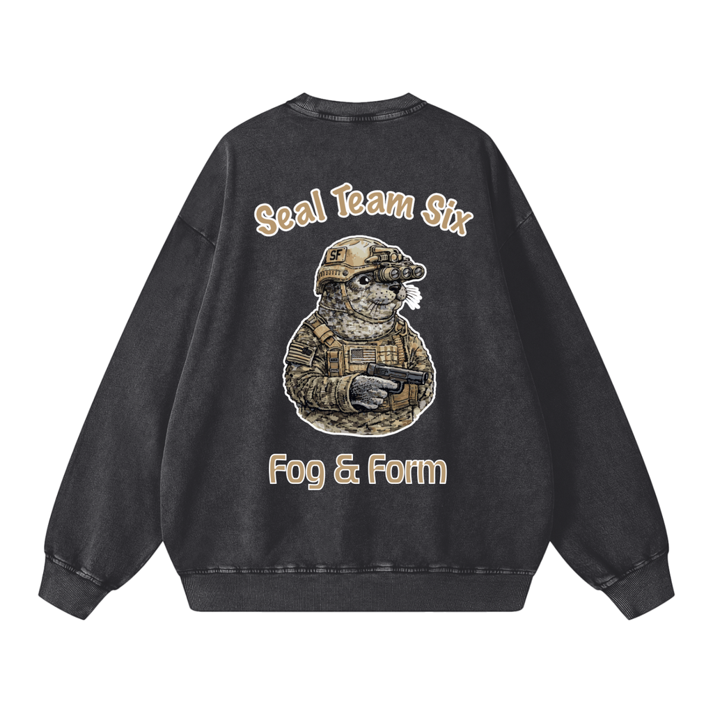 Black sweatshirt with a graphic of a seal in military gear.
