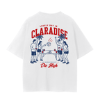 A white short-sleeve t-shirt with a red and navy blue graphic print on the front. The graphic features the text 'LOVELY DAY IN CLARADISE' in red arched lettering, with '408 RECREATION DEPT.
