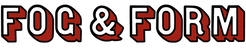 The text 'FOG & FORM' in bold red letters with transparent fill and black outlines.
