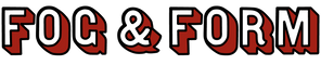 The text 'FOG & FORM' in bold red letters with transparent fill and black outlines.