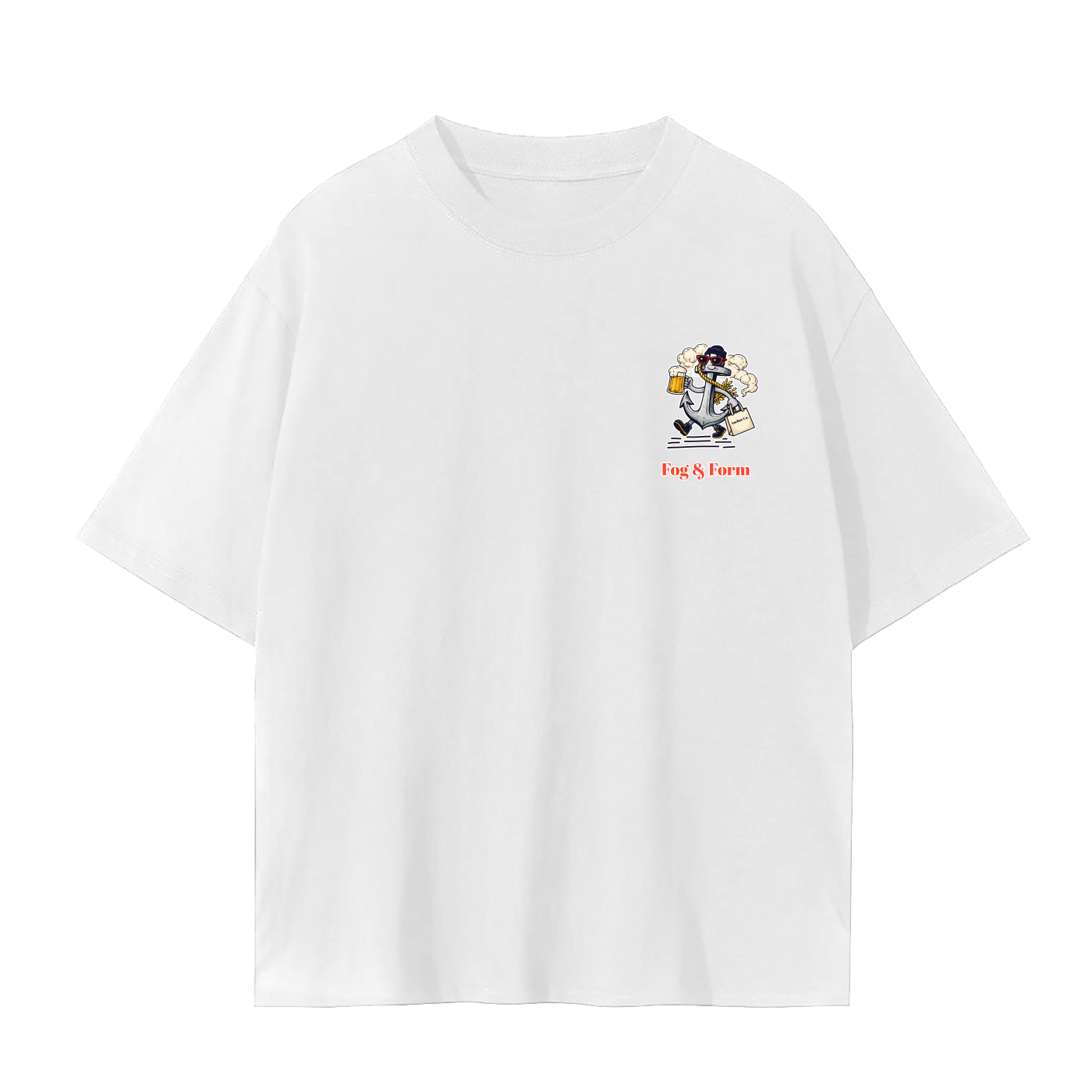 A white short-sleeve crewneck t-shirt with a small cartoon anchor in SF workwear style with beer.