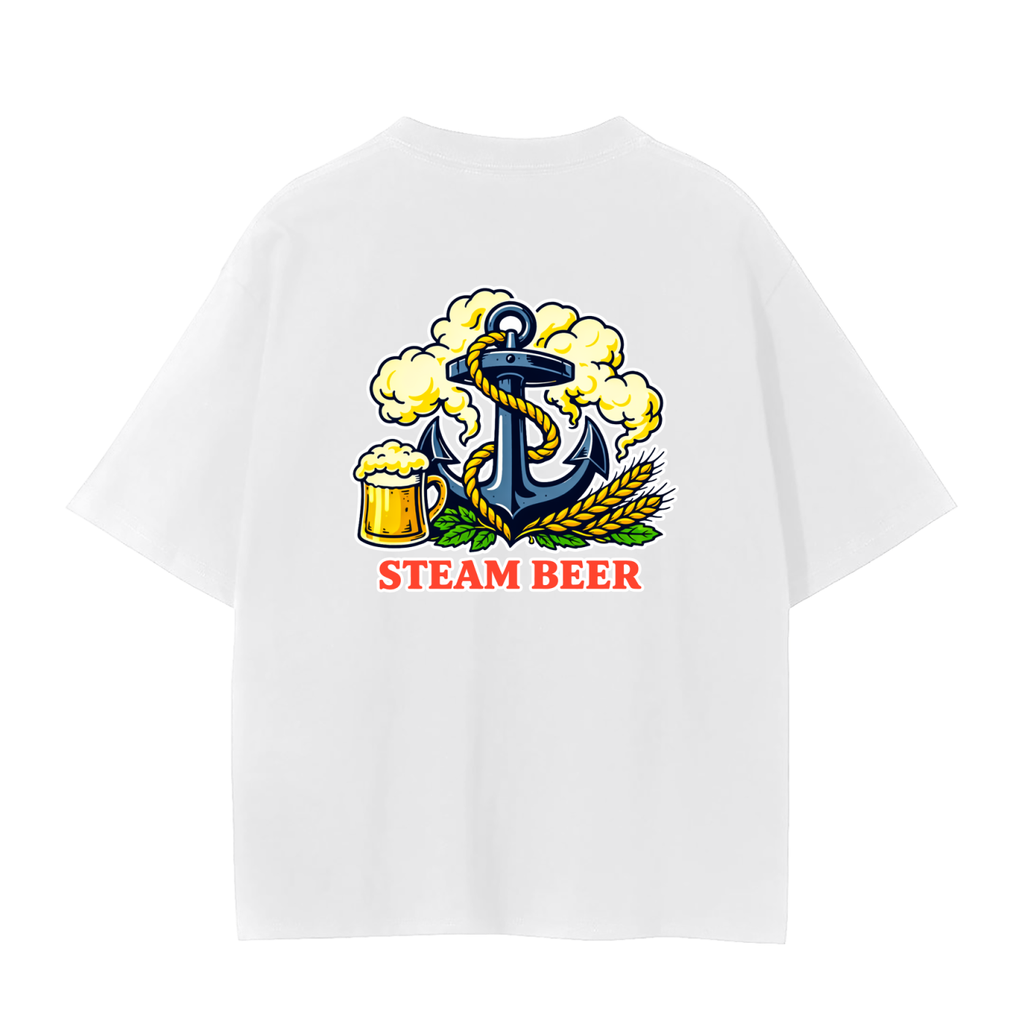 A white short-sleeve SF t-shirt with a colorful graphic on the chest featuring an anchor, beer mug, wheat, and the text 'STEAM BEER' in red.