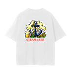 A white short-sleeve SF t-shirt with a colorful graphic on the chest featuring an anchor, beer mug, wheat, and the text 'STEAM BEER' in red.