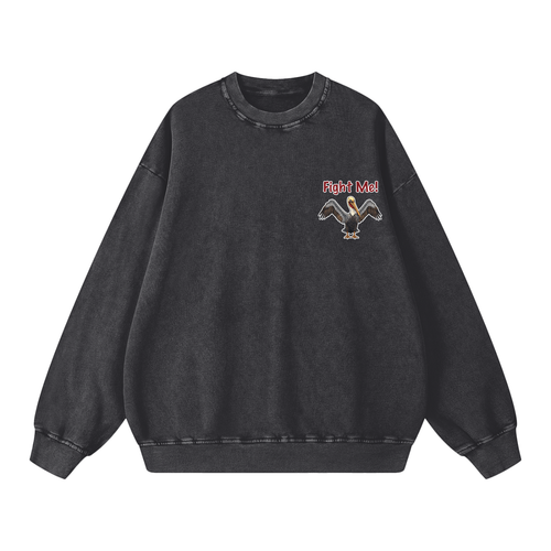 A dark gray mineral-wash crewneck sweatshirt with a small graphic on the left chest featuring a bird and the text 'Fight Me'.