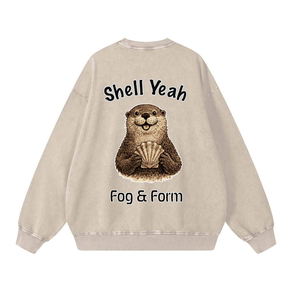 Beige washed sweatshirt with a cute otter graphic on backside.