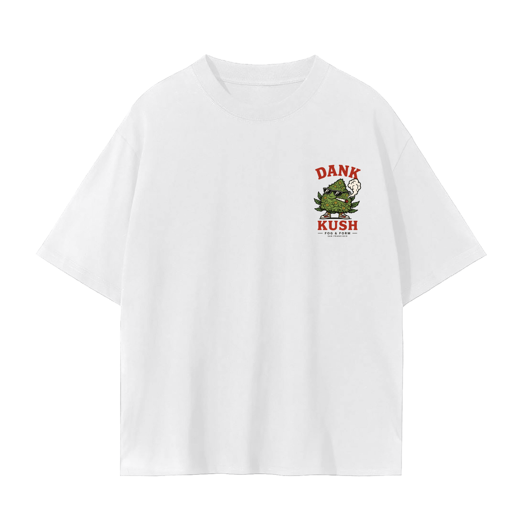 A white short-sleeve crewneck t-shirt with a small graphic on the left chest featuring dank kush. 