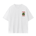 A white short-sleeve crewneck t-shirt with a small graphic on the left chest featuring dank kush. 