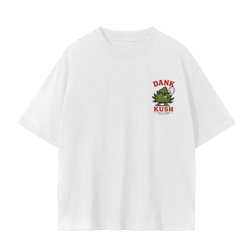 A white short-sleeve crewneck t-shirt with a small graphic on the left chest featuring dank kush. 