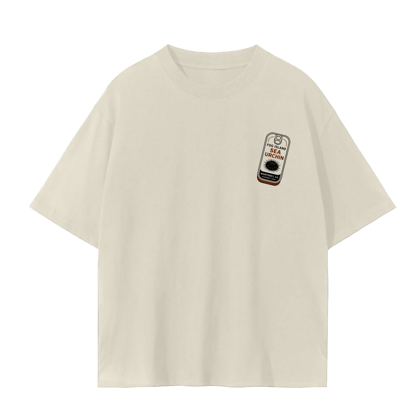 An cream short-sleeve crewneck t-shirt with a small graphic print on the left chest depicting a canned seafood.