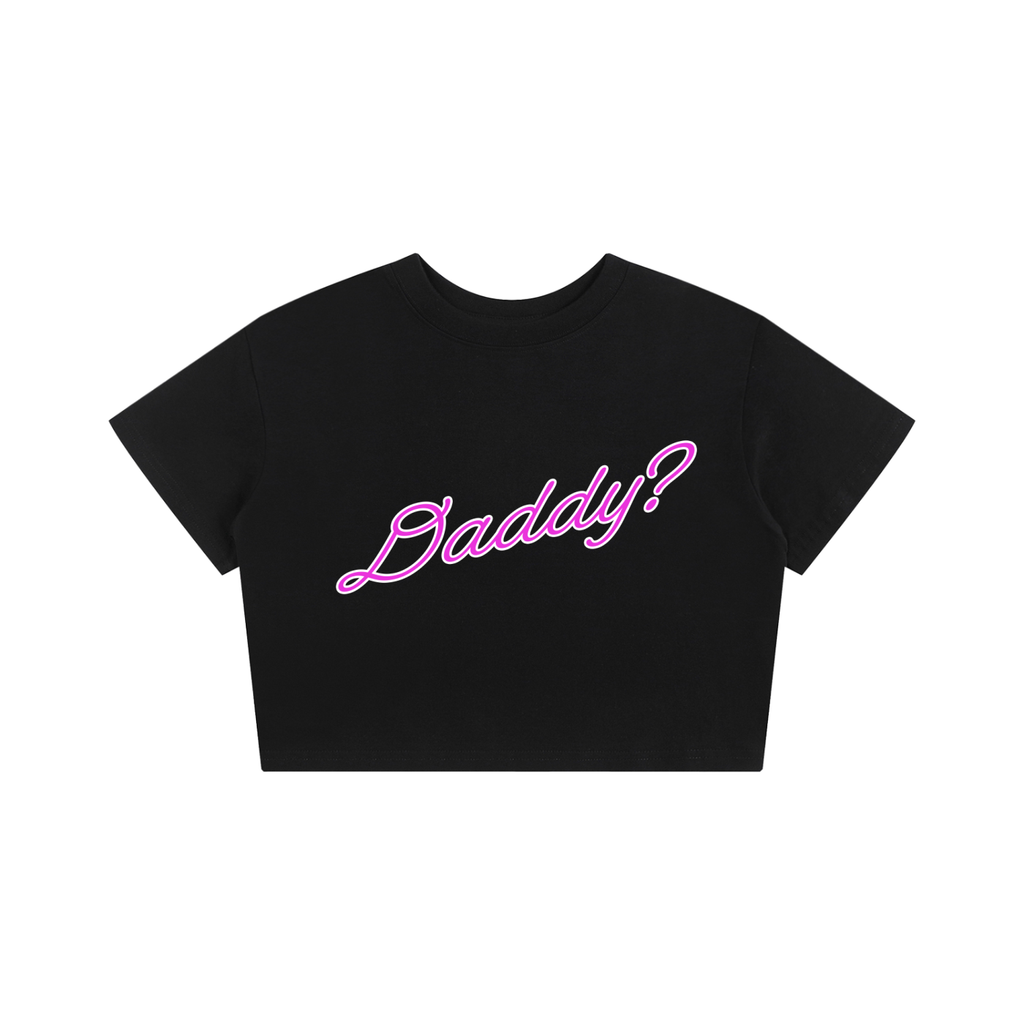 Black crop top with pink 'Daddy?' text for SF expressive brand.