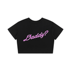 Black crop top with pink 'Daddy?' text for SF expressive brand.