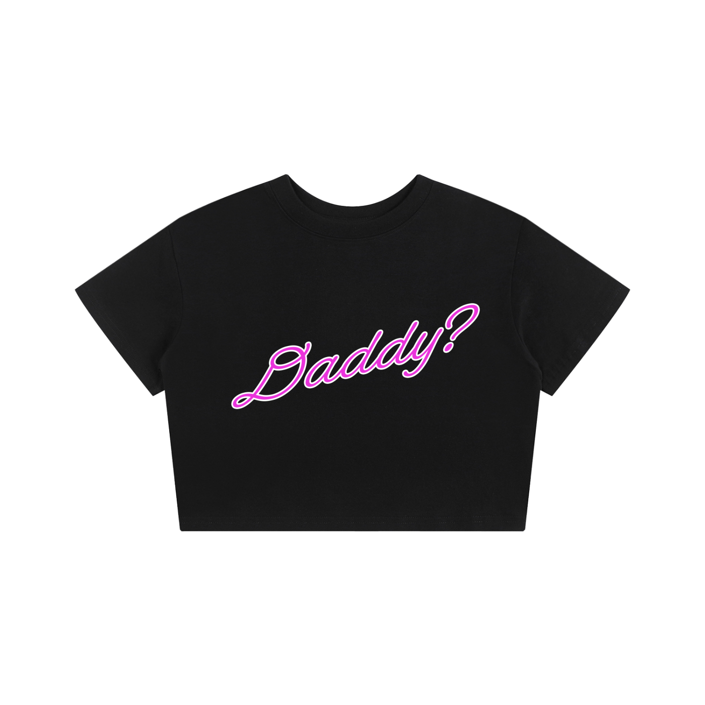 Black crop top with pink 'Daddy?' text for SF expressive brand.