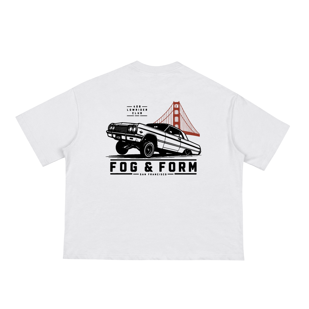 White boxy oversized tee with Fog & Form SF lowrider car club.