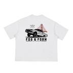 White boxy oversized tee with Fog & Form SF lowrider car club.