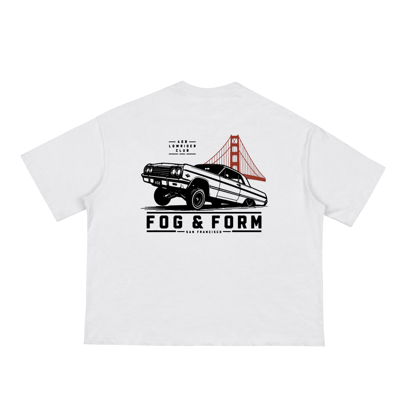 White boxy oversized tee with Fog & Form SF lowrider car club.