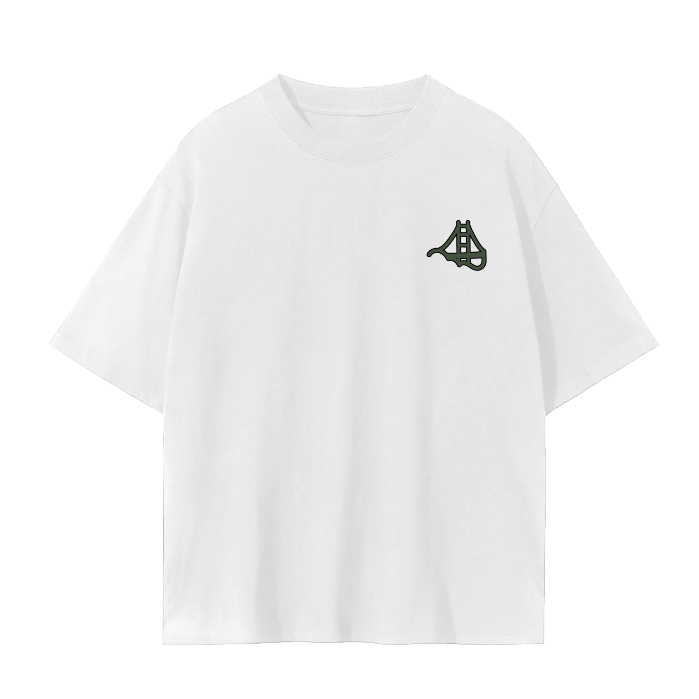 White t-shirt with fog and form green chest logo.
