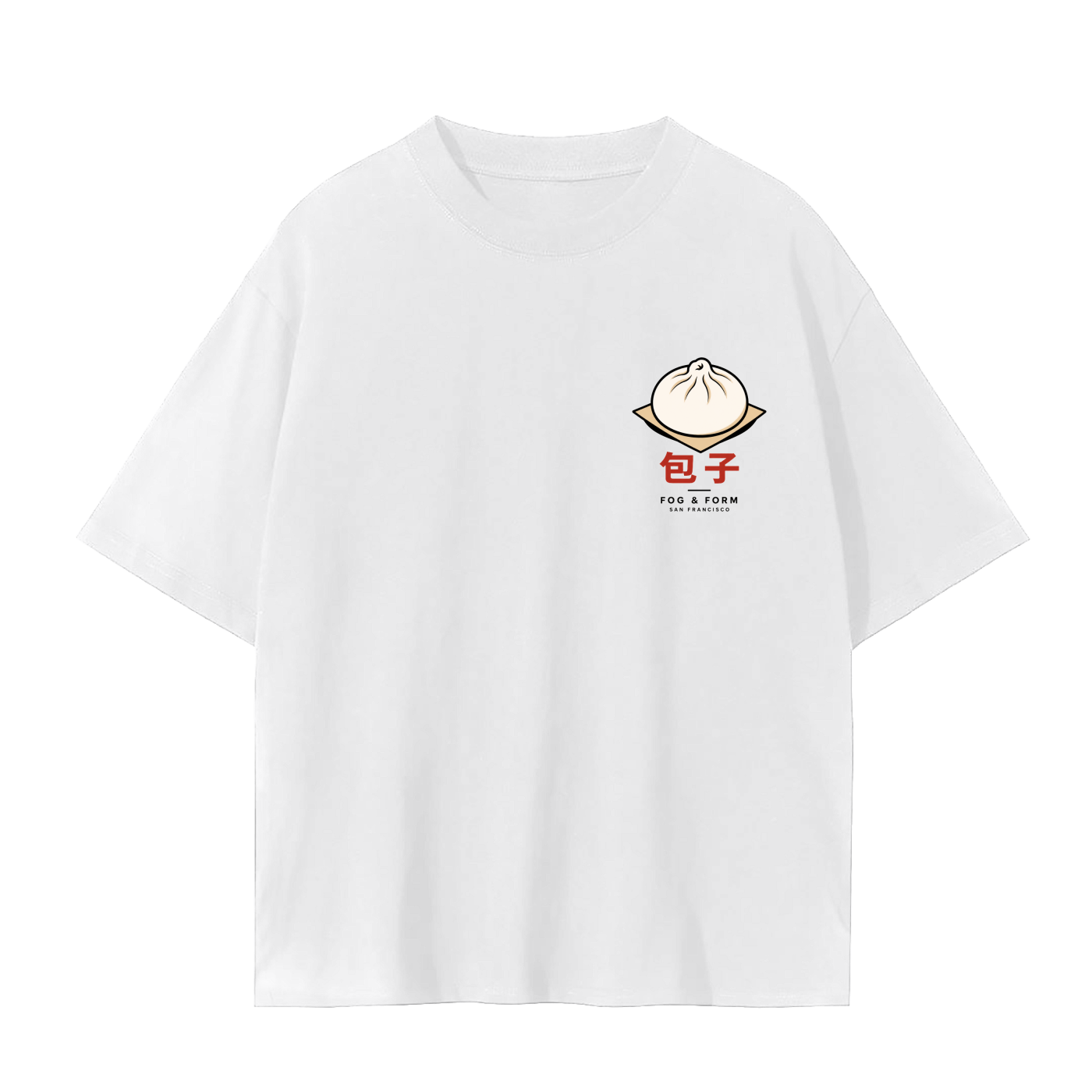 Basic white t-shirt with SF Chinese bao dumpling on front chest. 