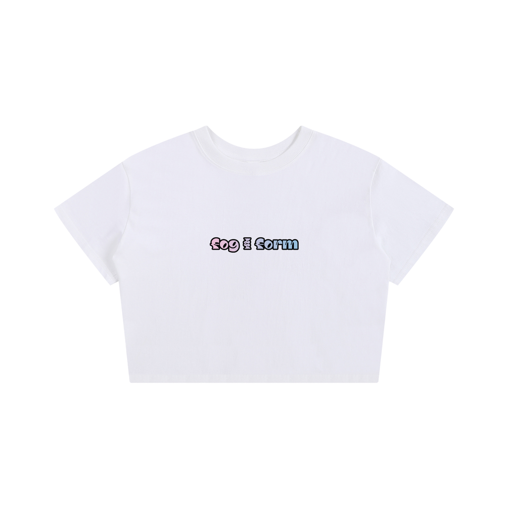 A white short-sleeve crop top t-shirt featuring the text 'Fog & Form' printed on the chest in a stylized font.
