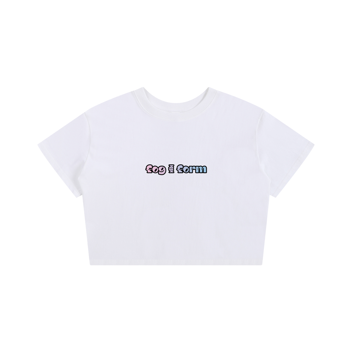 A white short-sleeve crop top t-shirt featuring the text 'Fog & Form' printed on the chest in a stylized font.