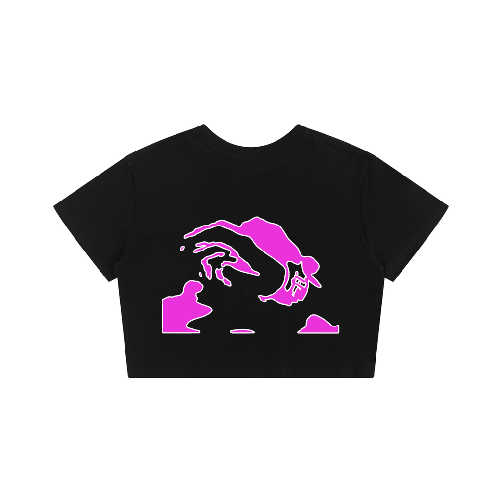 Black crop top with abstract pink hands graphic design.