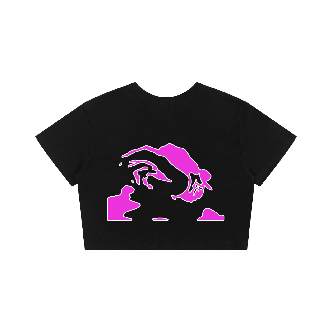 Black crop top with abstract pink hands graphic design.