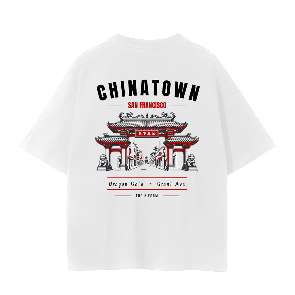 Back of white t-shirt depicting SF Chinatown Dragon Gate.