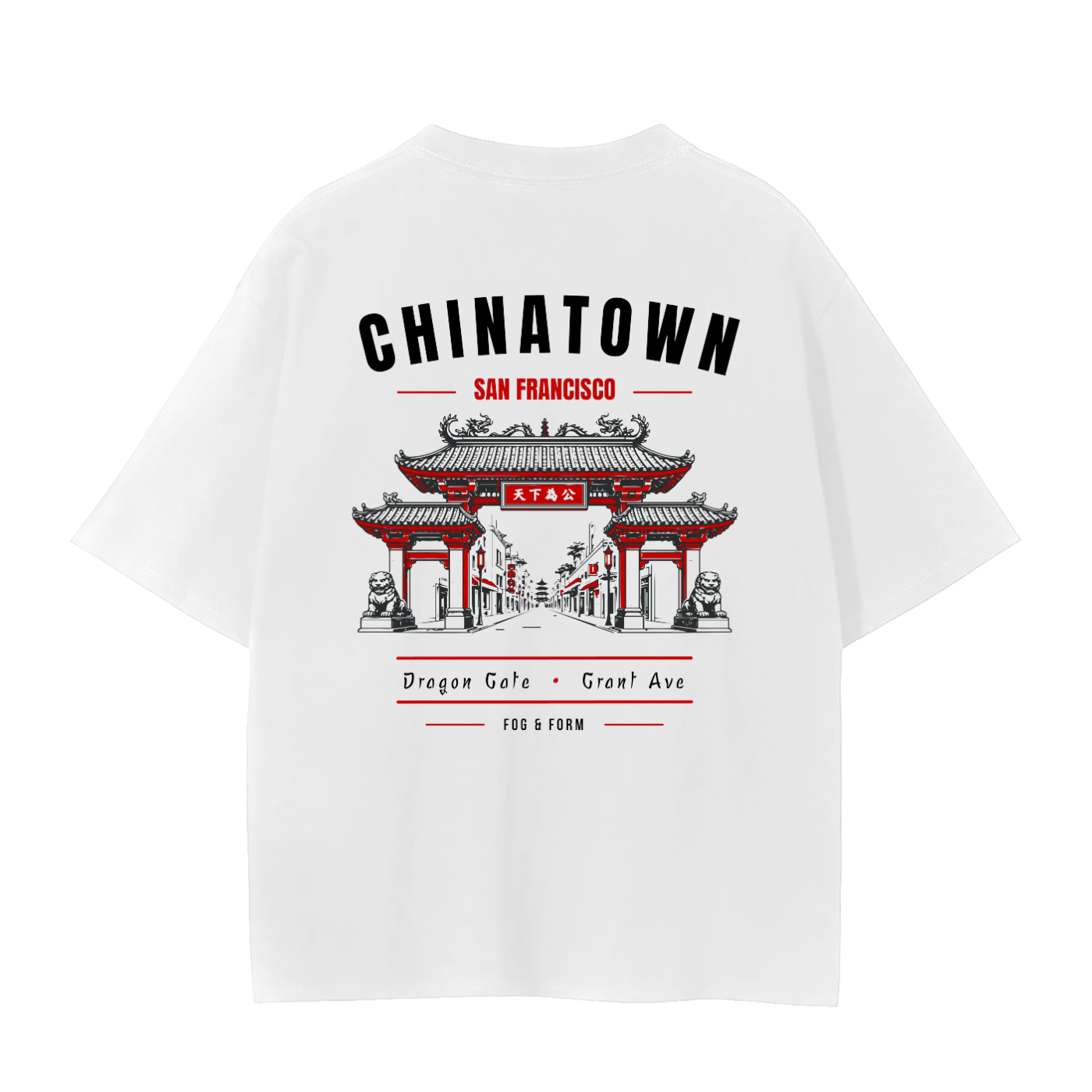 Back of white t-shirt depicting SF Chinatown Dragon Gate.