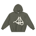 An green grey pullover hoodie with Fog & Form bridge cloud logo on the chest.