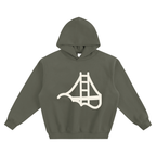 An green grey pullover hoodie with Fog & Form bridge cloud logo on the chest.