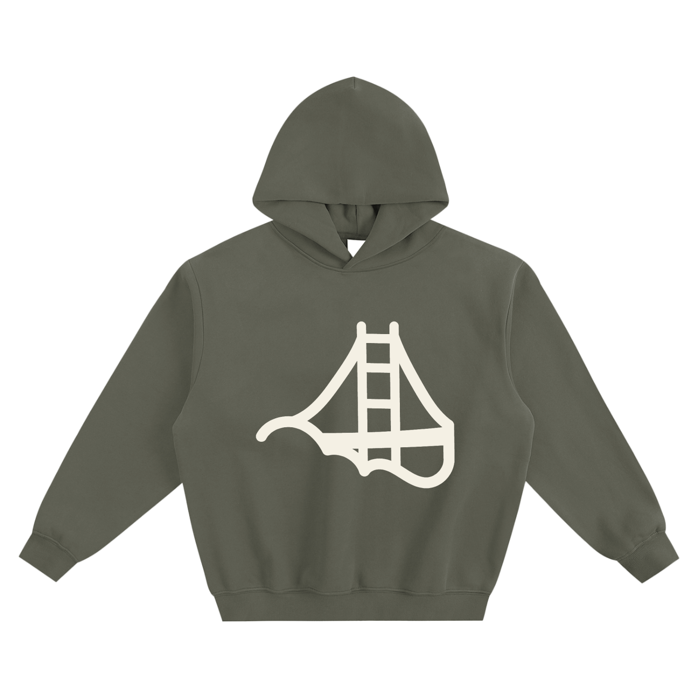 An green grey pullover hoodie with Fog & Form bridge cloud logo on the chest.