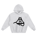 A light heather gray pullover hoodie with a black graphic of Fog & Form logo on the front chest.
