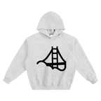 A light heather gray pullover hoodie with a black graphic of Fog & Form logo on the front chest.