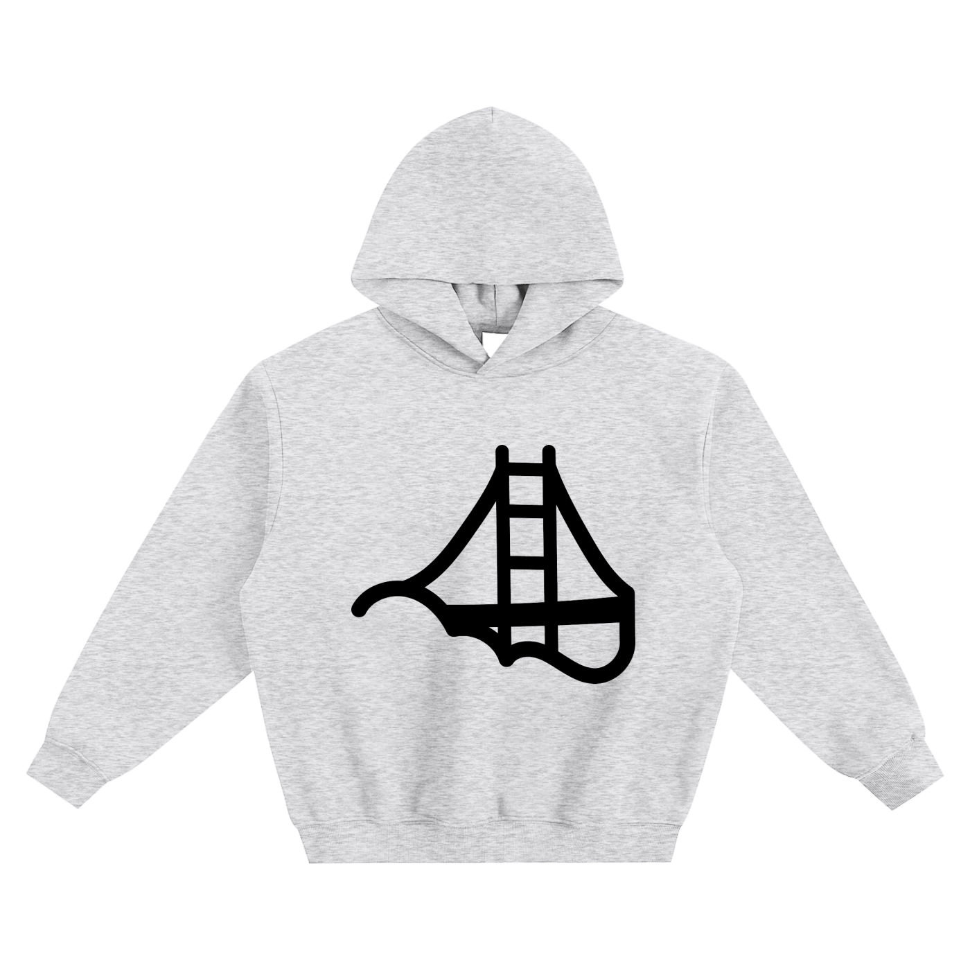 A light heather gray pullover hoodie with a black graphic of Fog & Form logo on the front chest.