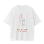 A white short-sleeve t-shirt with a football player catching a ball, with the text 'FOG & FORM' and 'THE CATCH' printed below in brown and red.