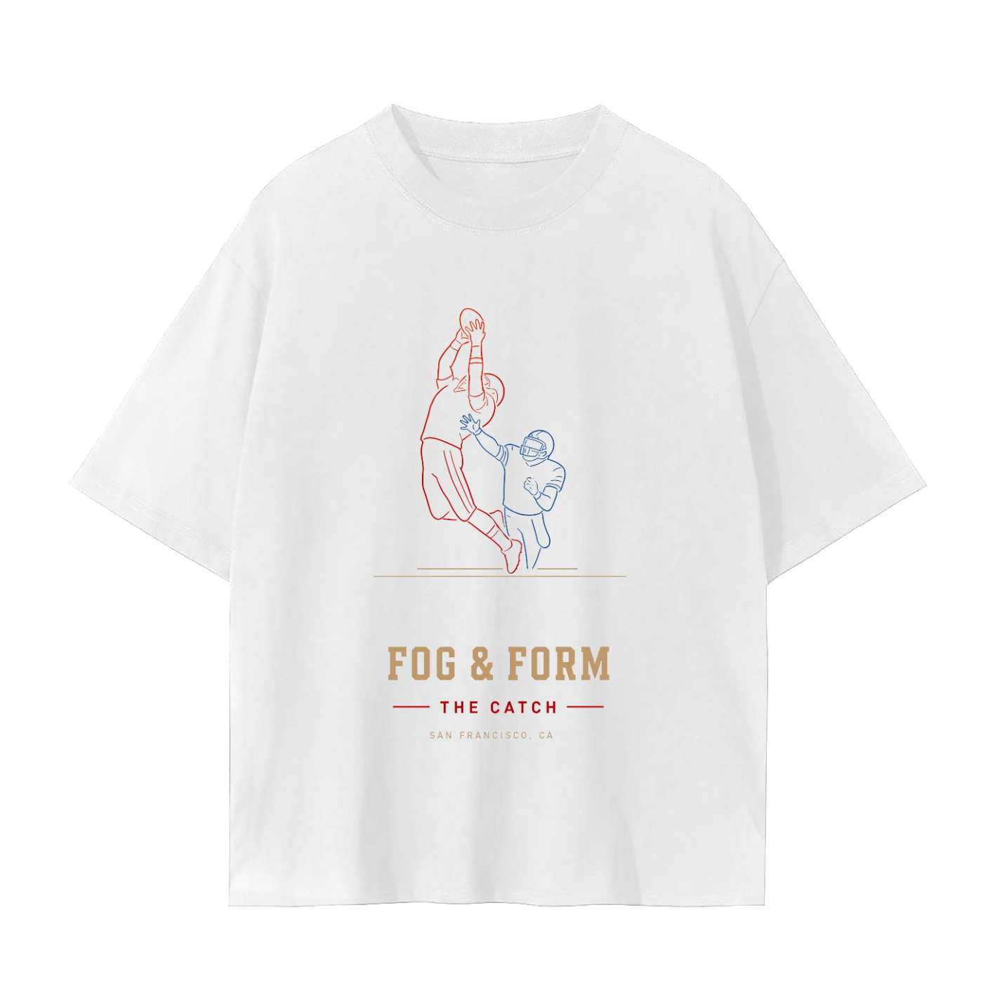 A white short-sleeve t-shirt with a football player catching a ball, with the text 'FOG & FORM' and 'THE CATCH' printed below in brown and red.