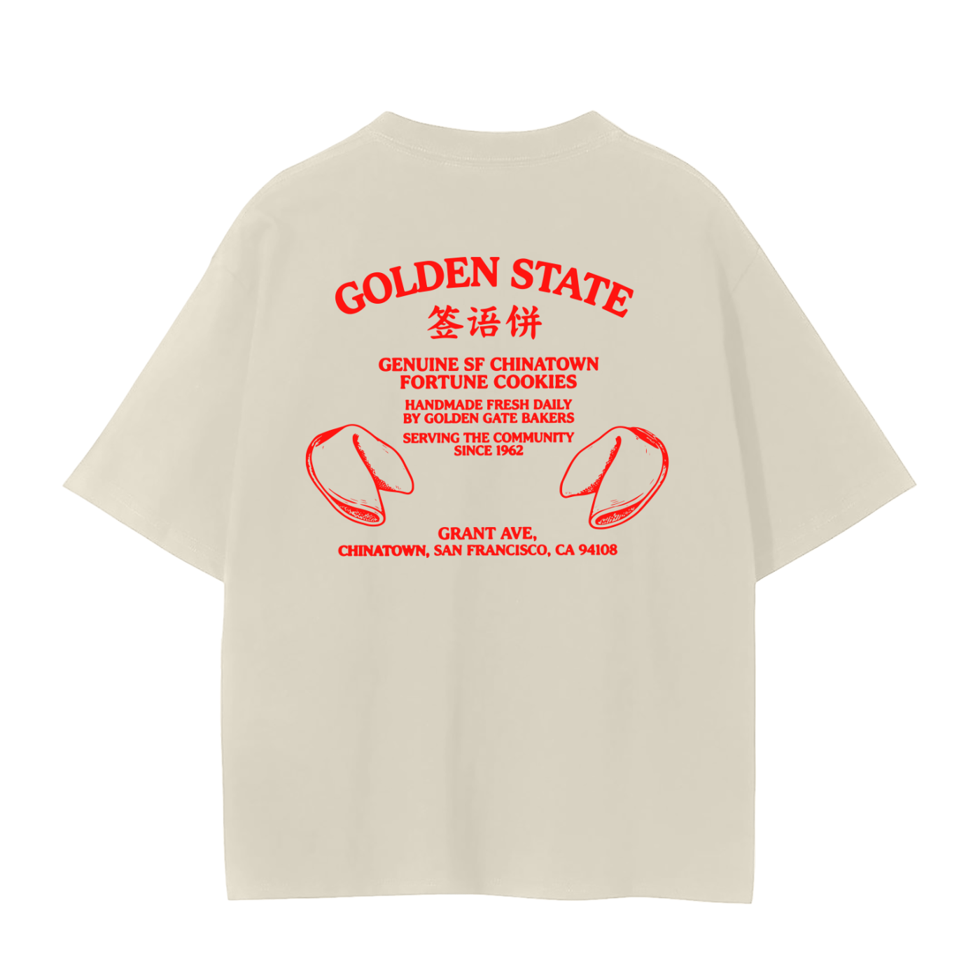 An oversized cream-colored t-shirt shown from the back, featuring SF Chinatown Fortune Cookies.
