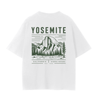 White t-shirt with Yosemite graphic geometric nature design on a white background
