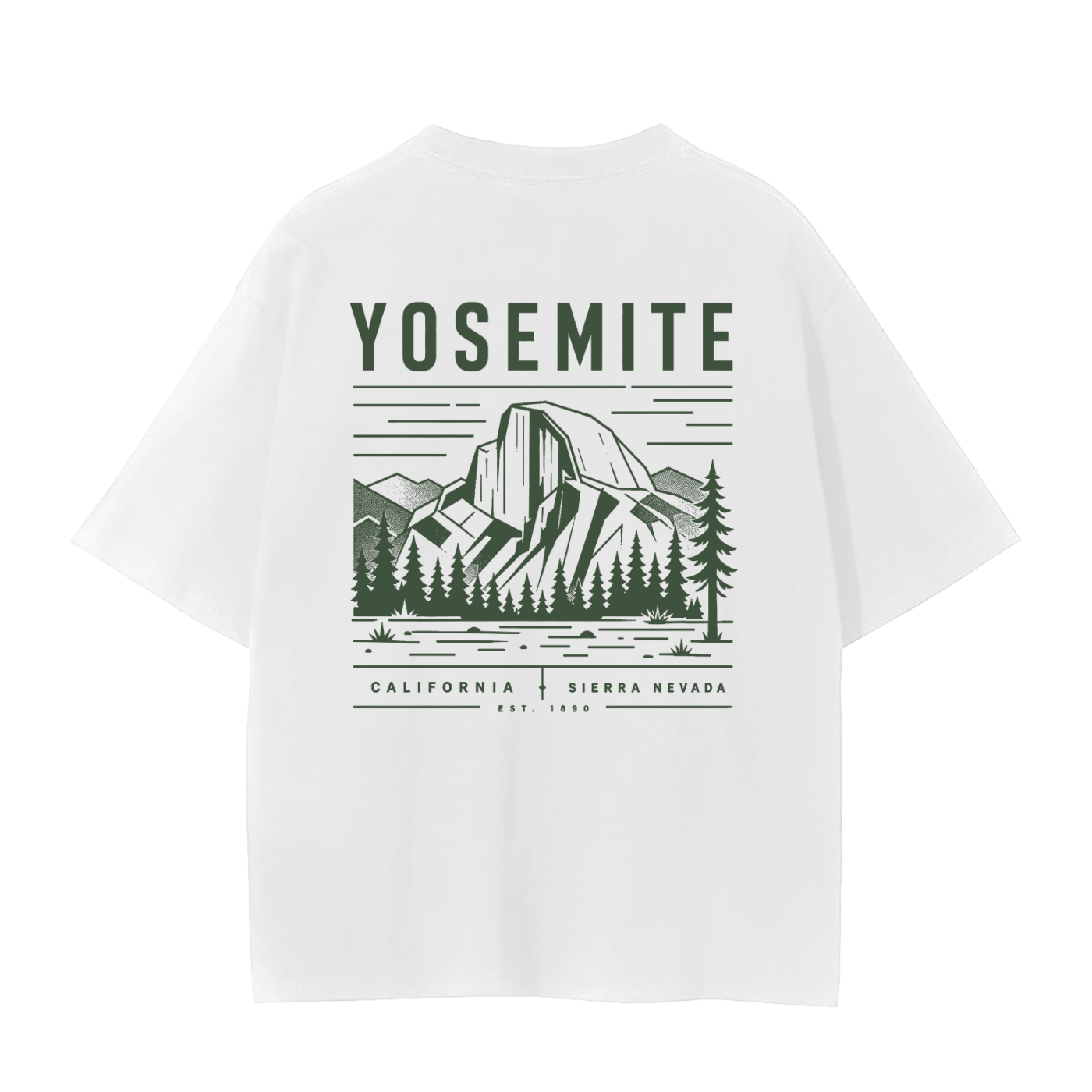 White t-shirt with Yosemite graphic geometric nature design on a white background