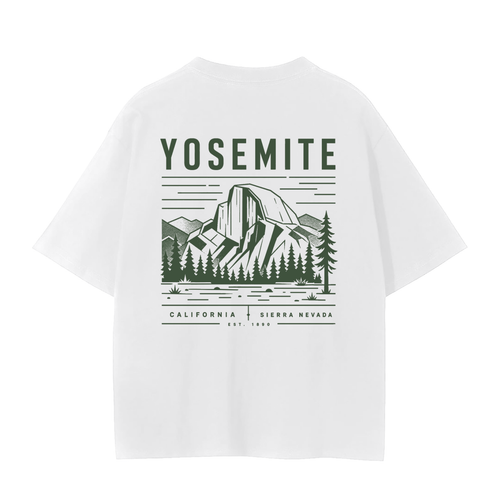 White t-shirt with Yosemite graphic geometric nature design on a white background