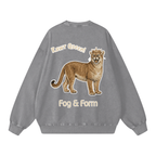 Gray sweatshirt backside with a lion graphic and 'Rawr Queen!' text on the back, brand 'Fog & Form' visible.