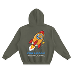 An grey green hoodie shown from the back, featuring a mural inspired space dog rocket ship graphic.