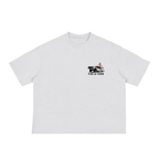 A white boxy t-shirt with a small chest graphic featuring a lowrider car and the Golden Gate Bridge.