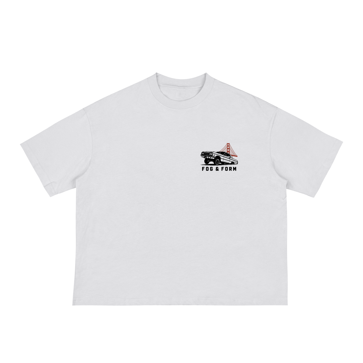 A white boxy t-shirt with a small chest graphic featuring a lowrider car and the Golden Gate Bridge.