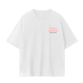 A white short-sleeve crewneck t-shirt with a small graphic on the left chest featuring red hearts and the text 'LUCKY HEARTS CLUB' and 'F0G & FORM'.
