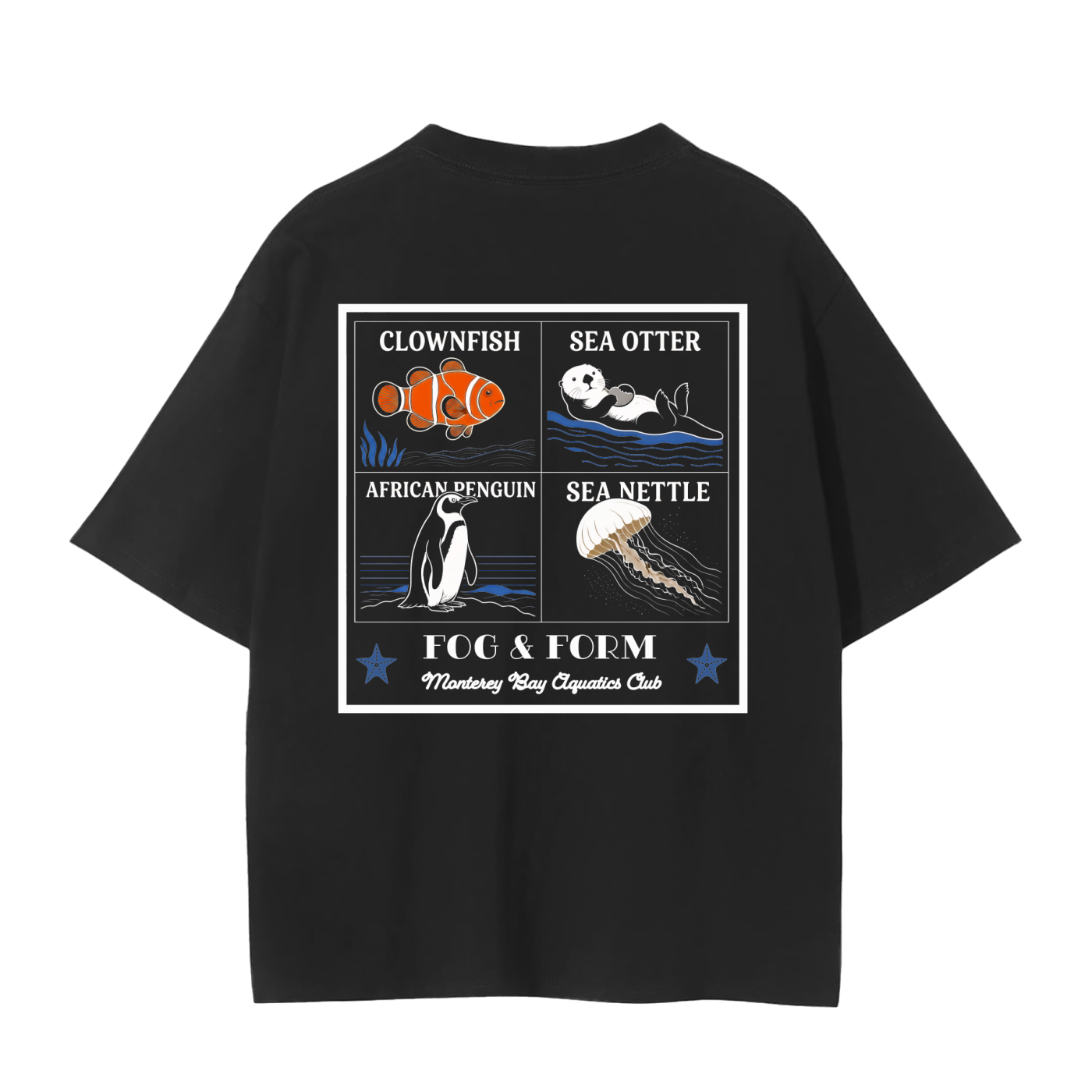 A west coast ocean inspired black short-sleeve t-shirt with a square graphic print on the front, featuring clownfish, a sea otter, an African penguin, and a sea nettle.