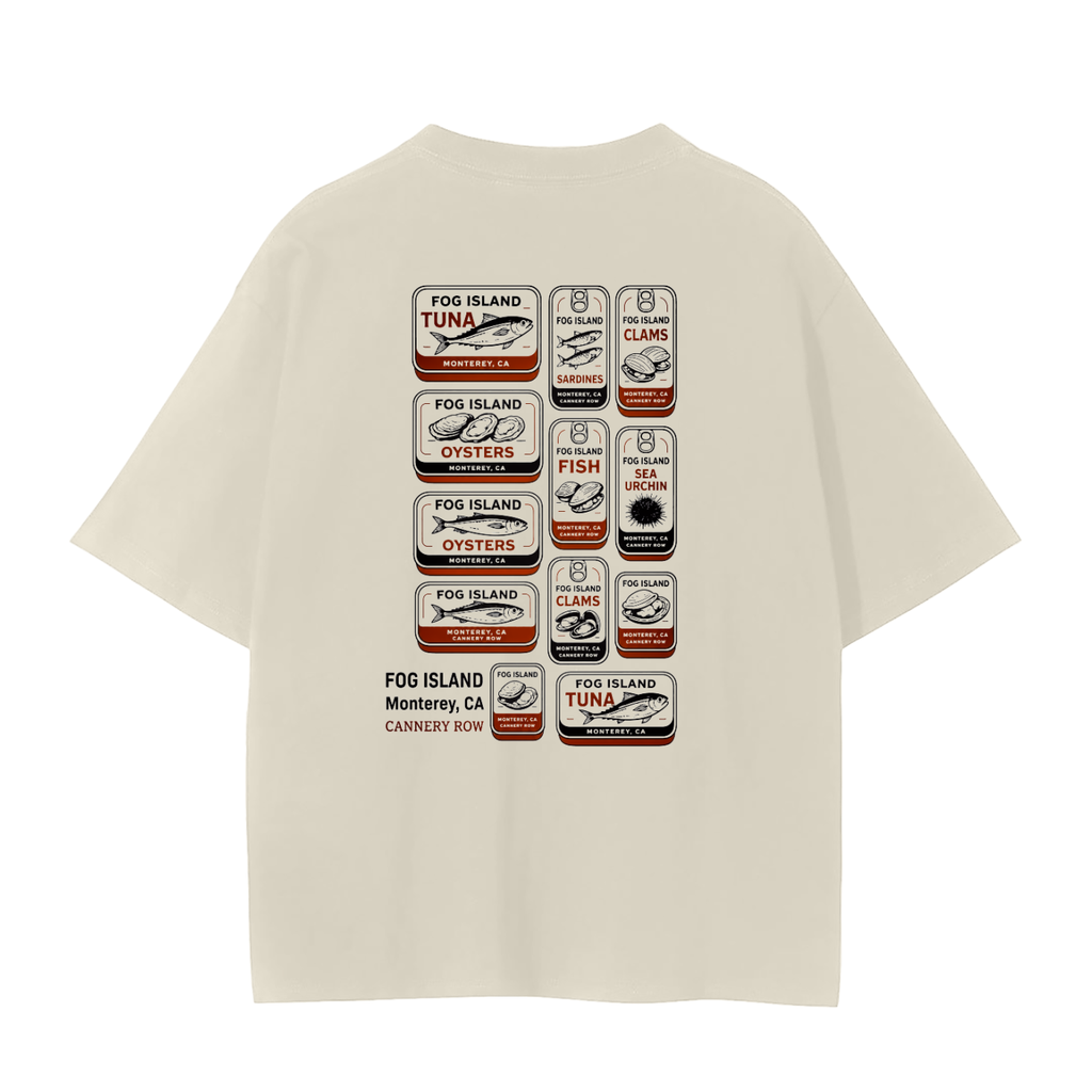 A cream colored t-shirt with a graphic print of multiple Fog & Form branded Monterey 'Fog Island' canned seafoods arranged in a grid.