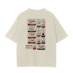 A cream colored t-shirt with a graphic print of multiple Fog & Form branded Monterey 'Fog Island' canned seafoods arranged in a grid.