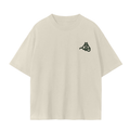 An cream short sleeve t-shirt with a small dark green Fog & Form logo of the Golden Gate Bridge on the left chest.